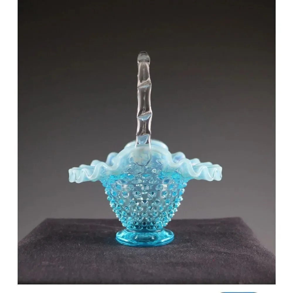 VTG Fenton Set of 2  Blue Opalescent Hobnail Baskets Bamboo Handle 6.5